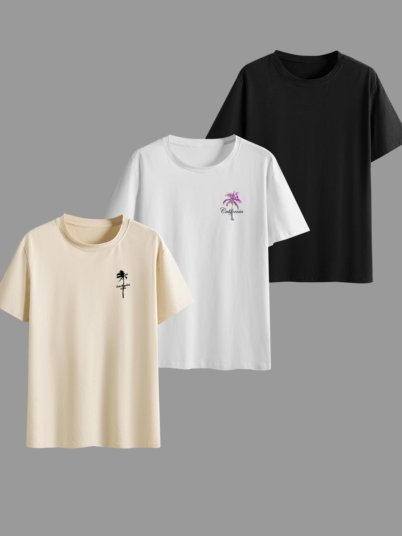 Men's Classic Versatile Letter Tropical Coconut Tree Streetwear T-Shirt 3-Piece Set, Summer Round Neck Short Sleeve Casual Tops for Outdoor Wear, Casual Letters Print, Casual Street Fashion