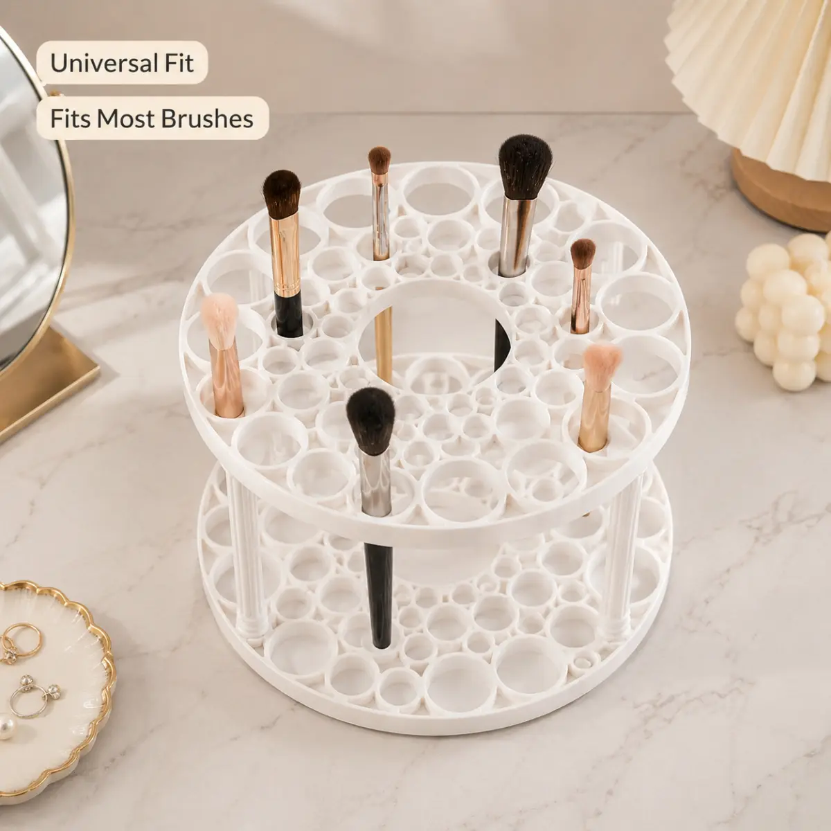 360° Rotatable Makeup Brush Organizer, 2-Tier Large Capacity Multi-hole Cosmetic Storage Rack.Multi-size holes fit all makeup brushes, foundation brushes, eye brushes, lip pencils & vanity beauty tools