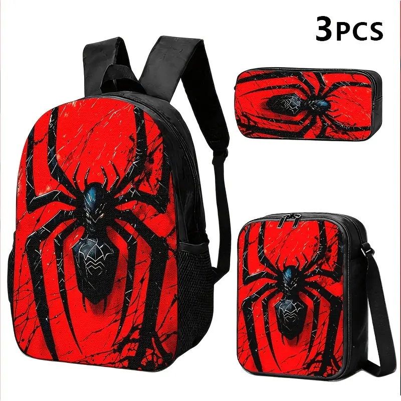 Superhero Grunge Red Background Black Spider Logo 3-Piece Backpack Set - Waterproof Oxford Backpack, Insulated Lunch Bag, Lightweight Pencil Case for Boys Teens School Daily Use