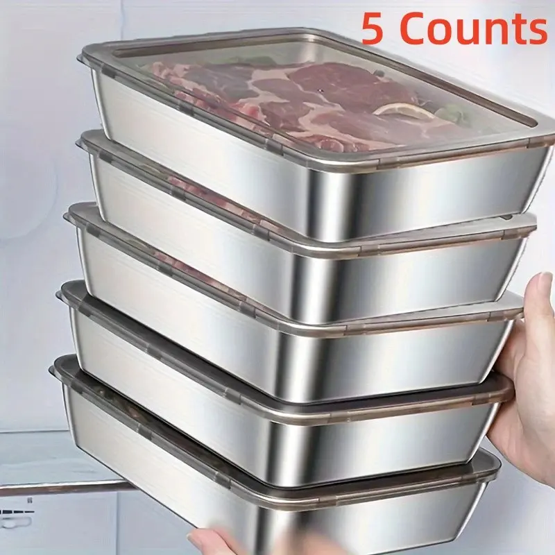 5 pcs Leak-proof Stainless Steel Kitchen Food Storage Containers | BPA-free, Reusable, Stackable, Durable | Easy to Clean, Perfect for Restaurants, Refrigerators, Frozen Food Preparation