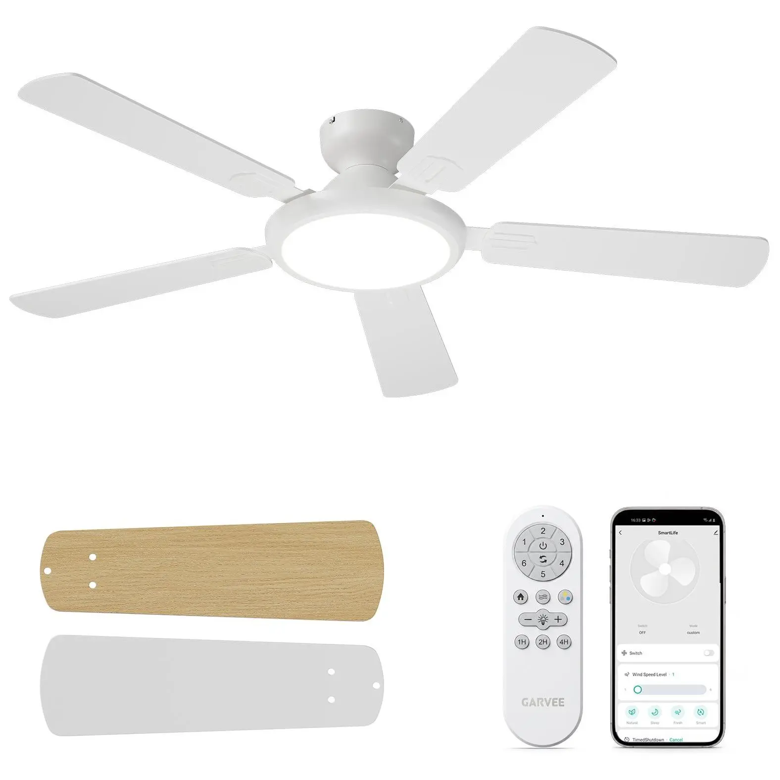 GARVEE 52-Inch Smart Ceiling Fan with Dimmable 3CCT LED Light, Alexa Compatible, WiFi App & Remote Control, Quiet Reversible DC Motor, Modern Low-Profile Flush Mount Fan for Bedroom, Living Room, Kitchen & Patio