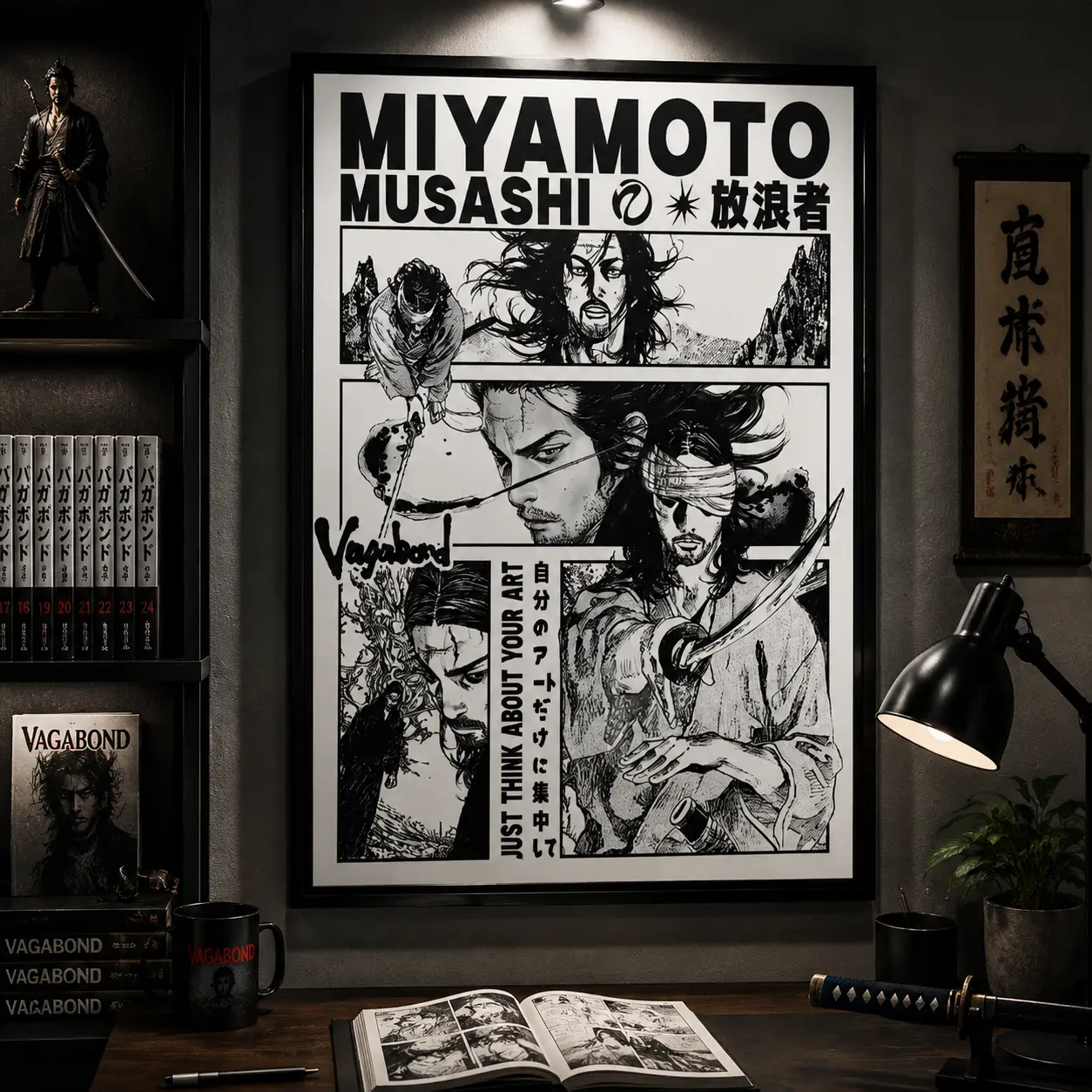 Vagabond Miyamoto Musashi Canvas Poster, Black and White Samurai Manga Wall Art Print, Japanese Warrior Room Decor for Bedroom Dorm Game Room, Anime Fan Boyfriend Gift