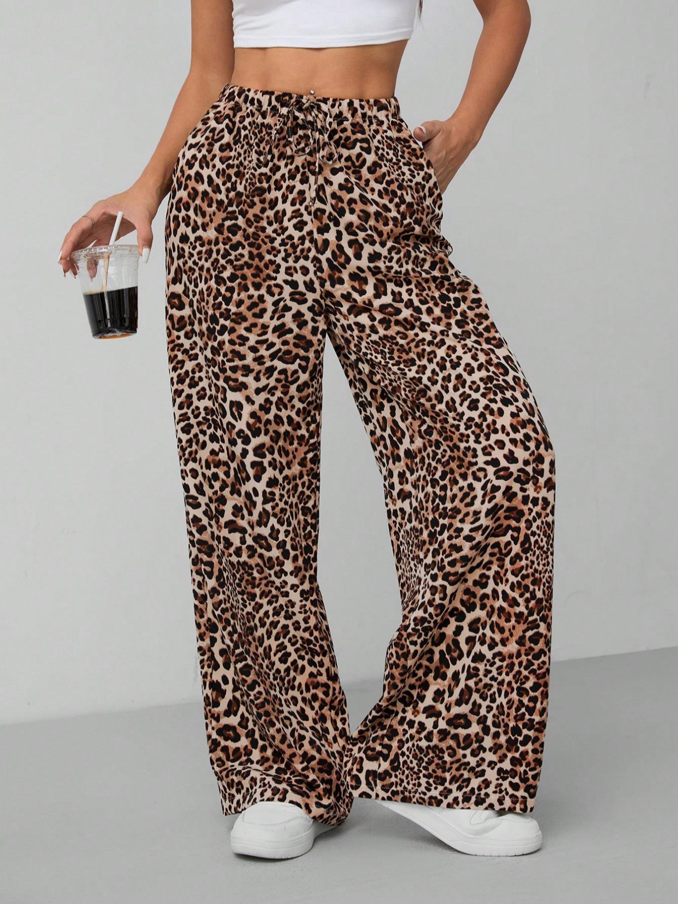 Women's Leopard Print Tie Front Pocket Wide Leg Pants, Casual Comfy Straight Leg Trousers for Daily Wear, Ladies Bottoms for All Seasons, Womenswear