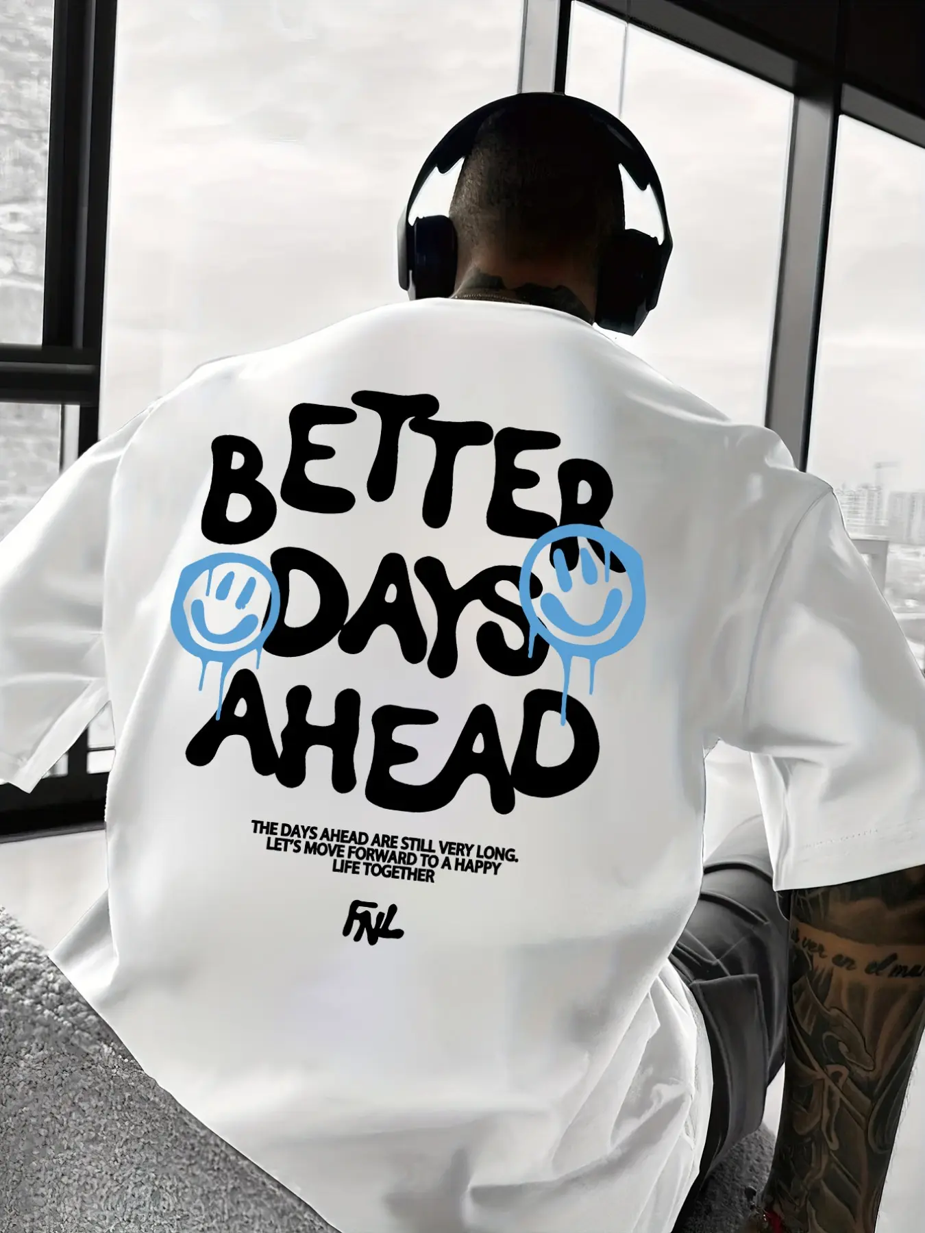 Men's Oversized Short Sleeve T-Shirt, Bubble Graffiti "BETTER DAYS AHEAD" Drip Smiley Face Slogan Back Print Loose Breathable Casual Hip Hop Streetwear Top #BetterDaysAheadTee #DripSmileyPrint #GraffitiStreetwear #PositiveQuoteTshirt #TikTokMadeMeBuyIt