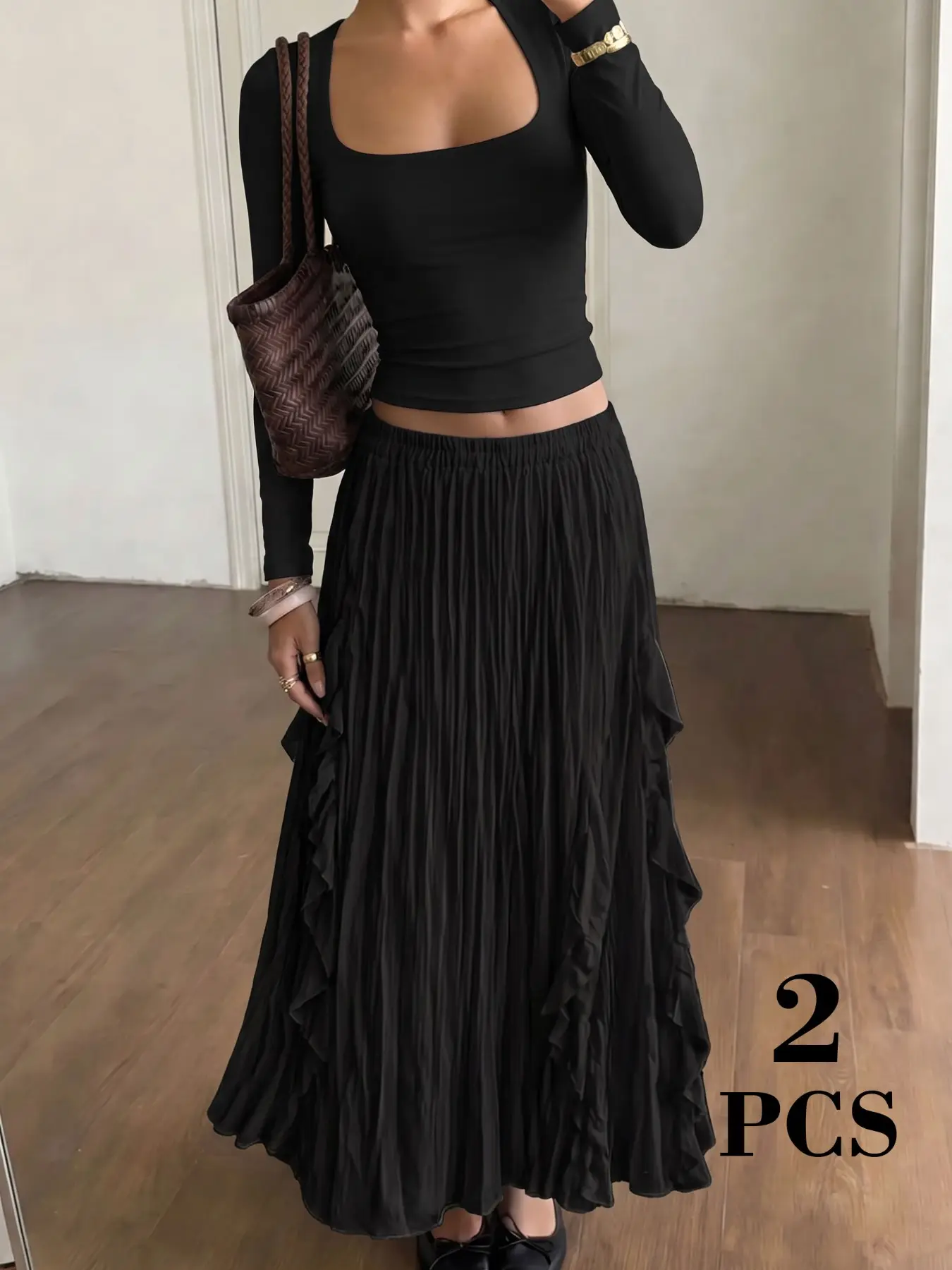 Women Vintage Retro 90s Y2K Coquette Co‑ords Matching Sets 2 PCS 2 Piece Outfit Square Neck Long Sleeve Cropped Top & Ruffle Pleated Maxi Skirt Elegant Casual Sets for Women