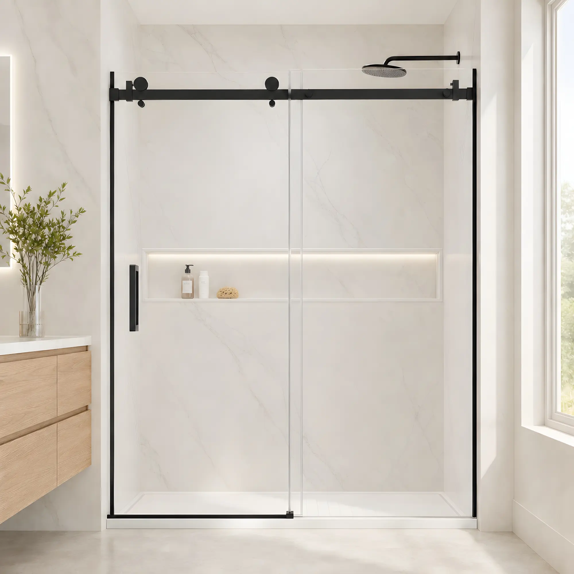 Nokaa 54"W x 74"H Single Sliding Frameless Shower Door, 8mm Clear Tempered Glass, Matte Black Finish, Modern Bathroom Enclosure, Smooth Gliding Track, Easy Clean, 1-Pack, Bathroom Shower Door for Bathtub, Shower Room, Remodel and Home Improvement