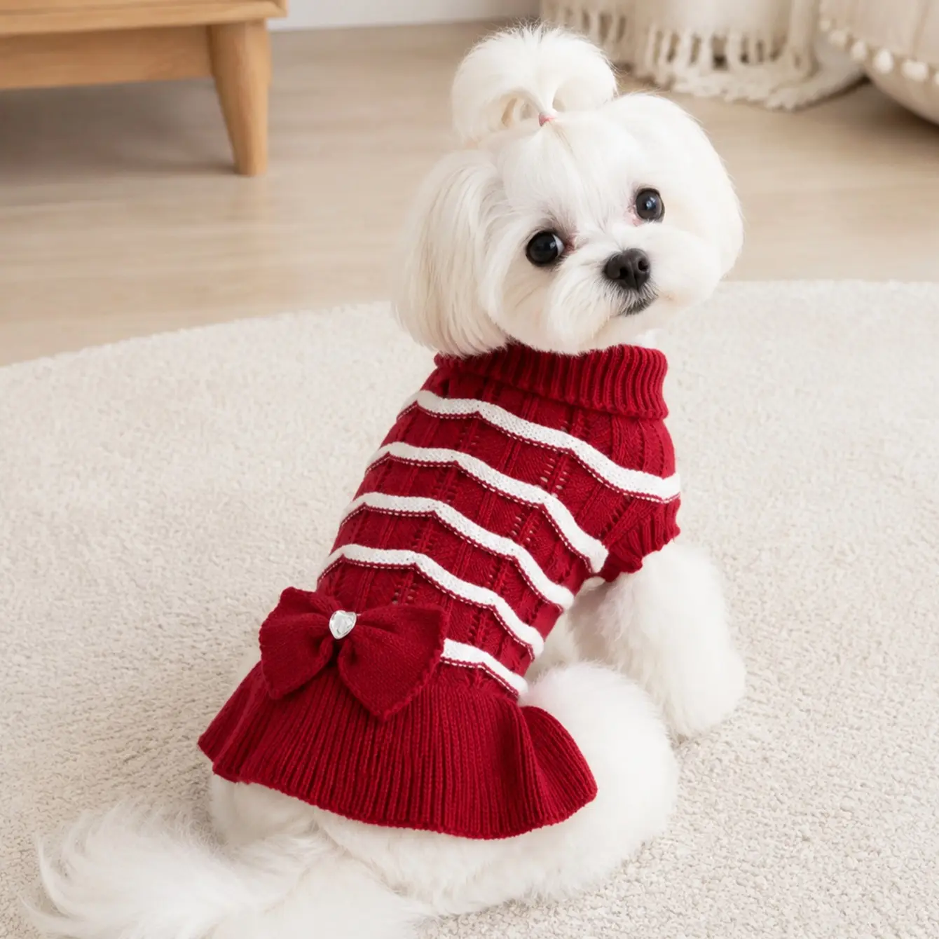 1PC Wavy Stripe Knit Dog Sweater Dress with Rhinestone Bow, Soft High Elastic Warm Turtleneck Pet Skirt, Cute Winter Puppy Outfit for Small Dogs Maltese Yorkie Chihuahua Bichon Shih Tzu, Puppy Clothes