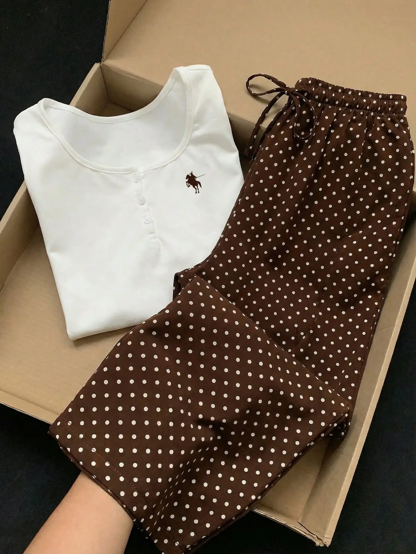 omen Korean Vintage Lazy Matching Two Piece Outfit, Soft Knit Scoop Neck 3 Buttons Slim Fit Long Sleeve Top With Pony Embroidery, Elastic High Waist Drawstring Brown White Polka Dot Wide Leg Trousers, Lightweight Breathable Daily Casual Going Out Suit
