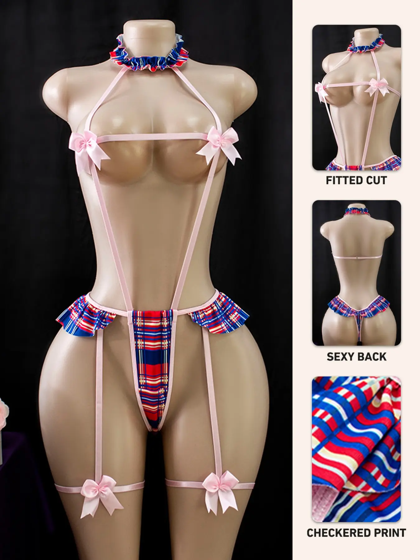 Plus Size Women's Sexy Lingerie Plaid Print Milk Silk Vacuum Transparent Set with Bow, Lingerie Nightwear, Party Sleepwear, Adult Pajamas, Girl Night Out Clothes