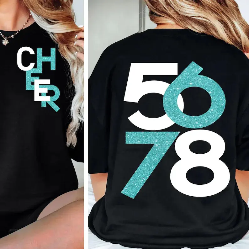 Two-Sided Cheerleading T-shirt, Stacked "CHEER" Chest Print and Large 5678 Back Number Design, Loose Short Sleeve Shirt Suitable for Cheer Team Wear, Games and Everyday Outfits #   TikTokMadeMeBuyIt #   TikTokShop # CheerSquadShirt # 5678CheerDesign