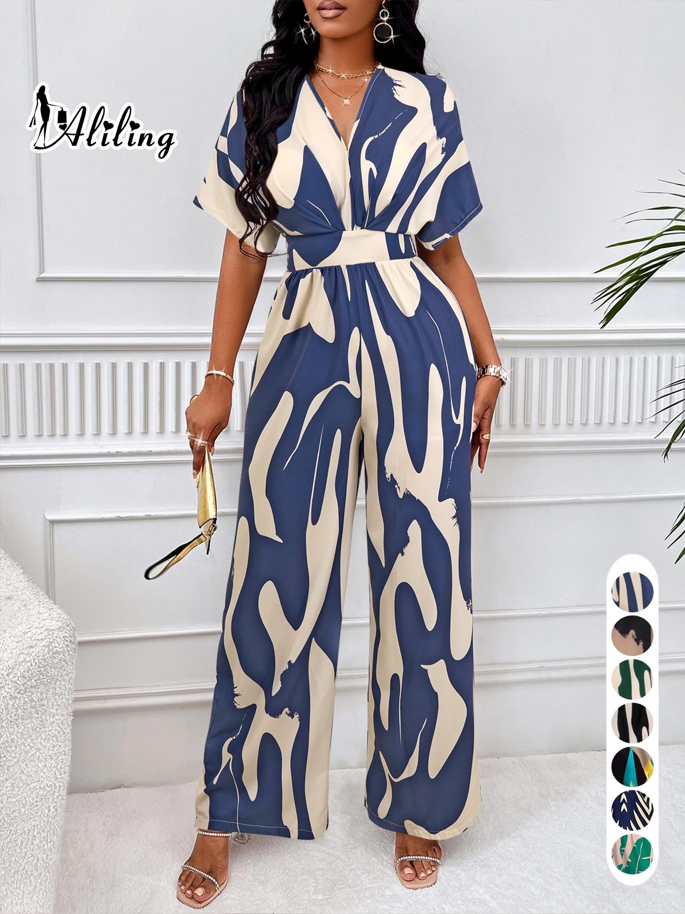 Women's Elegant Loose-Fit V Neck Short Sleeve Romper, Woven Fabric Wide Leg Pants, All Season Fashionable One-Piece Womenswear