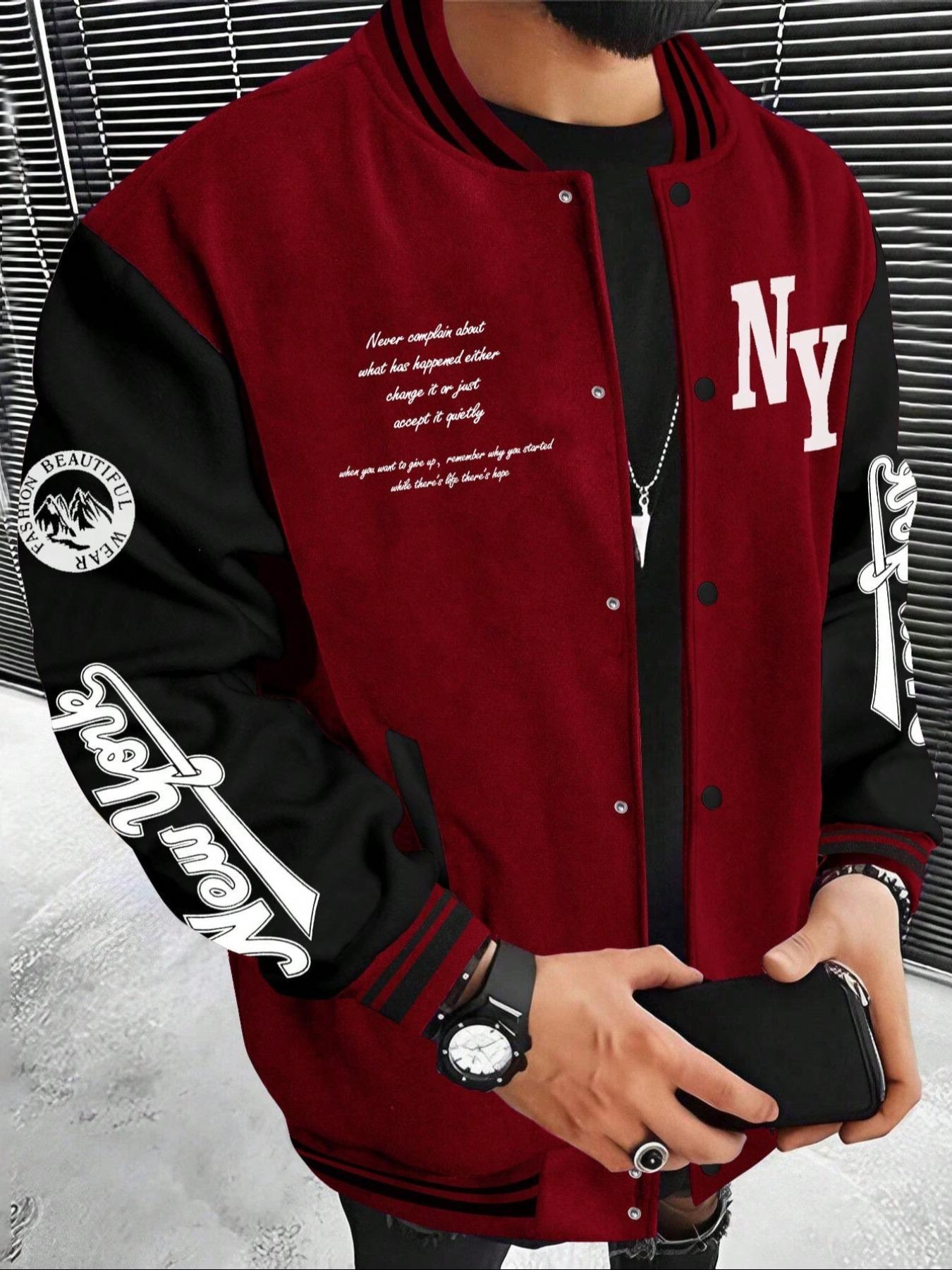 Men's Letter Print Baseball Collar Bomber Jacket, Loose Casual Sporty Long Sleeve Varsity Jacket for Fall & Winter, Men's Knit Outerwear for Daily Wear