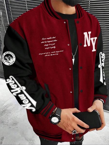 Men's Letter Print Baseball Collar Bomber Jacket, Loose Casual Sporty Long Sleeve Varsity Jacket for Fall & Winter, Men's Outerwear for Daily Wear Men's Letter Print Baseball Collar Bomber Jacket, Loose Casual Sporty Long Sleeve Varsity Jacket for Fall & Winter, Men's Outerwear for Daily Wear