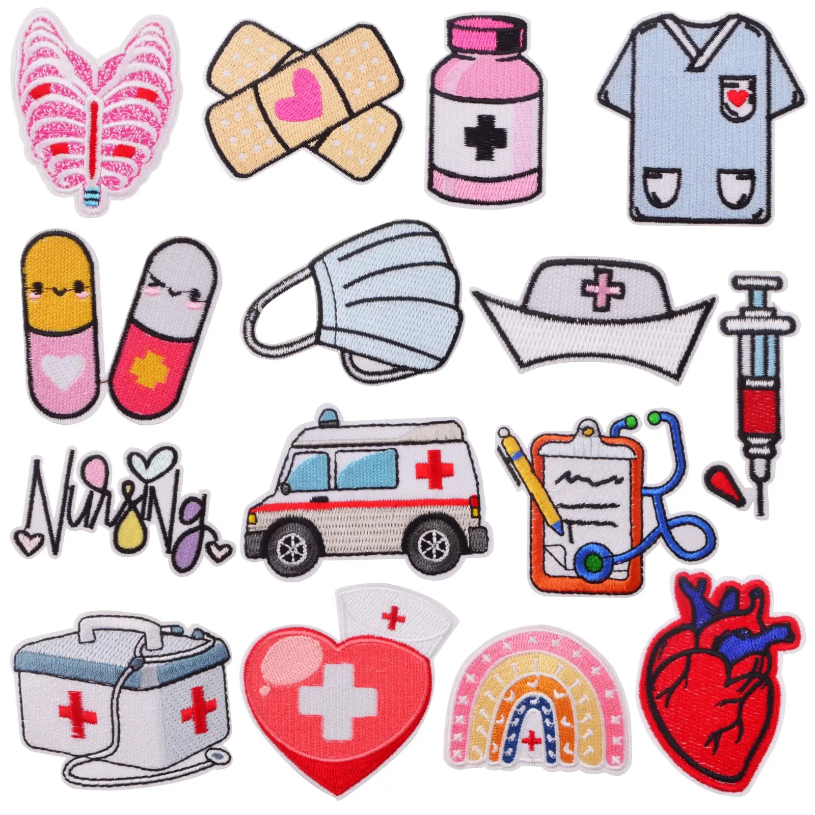 15pcs Nurse Iron/Sew on Patches Cartoon Pill Heart Rainbow Syringe Medical Nursing Embroidered Patch Applique Nurse's Day Gift for DIY Crafts Clothing Backpack Hat Decoration