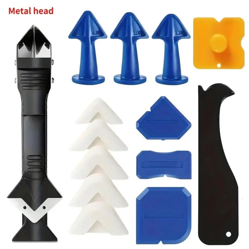 14pc Sealant Finishing Tool Kit with Stainless Steel Grout Scraper and Silicone Remover for Bathroom, Kitchen, and Sink Joint Work, Caulking, Tank, Window, Trowel, Caulking Tool Set, Removal&Fill, 14Pcs
