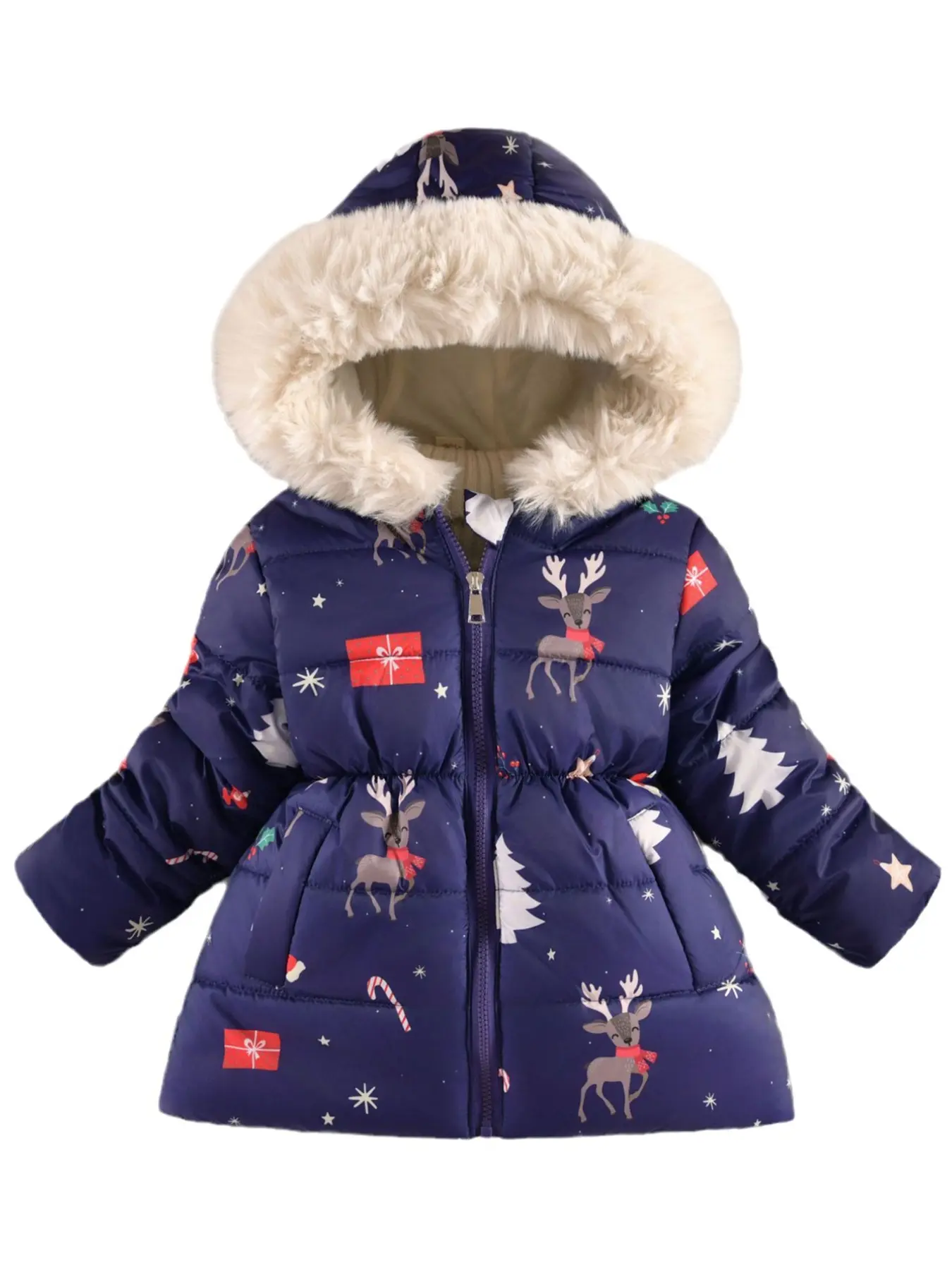 Girls' Winter Coat, Casual Quilted Jacket, Hooded Warm Coat, Long Sleeve Mandarin Collar, Cartoon Pattern, Warm and Cozy, Medium Length, Coat with Pockets, Pockets Design