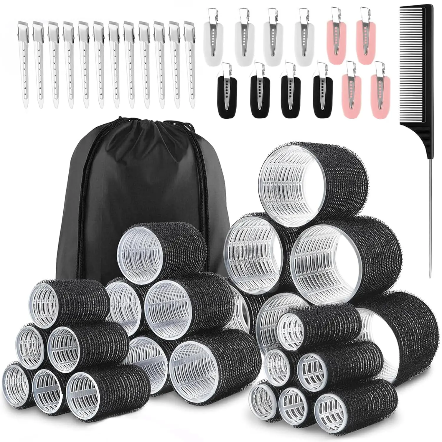 Hair Curlers & Clips Set, 50pcs/set Including 24 Rollers & 24 Clips - Heatless Hair Styling Tools for Long, Medium & Short Hair - Lightweight Curly Hair Products, Heatless Curls, Heatless Styling Kit & Hair Curling Rods
