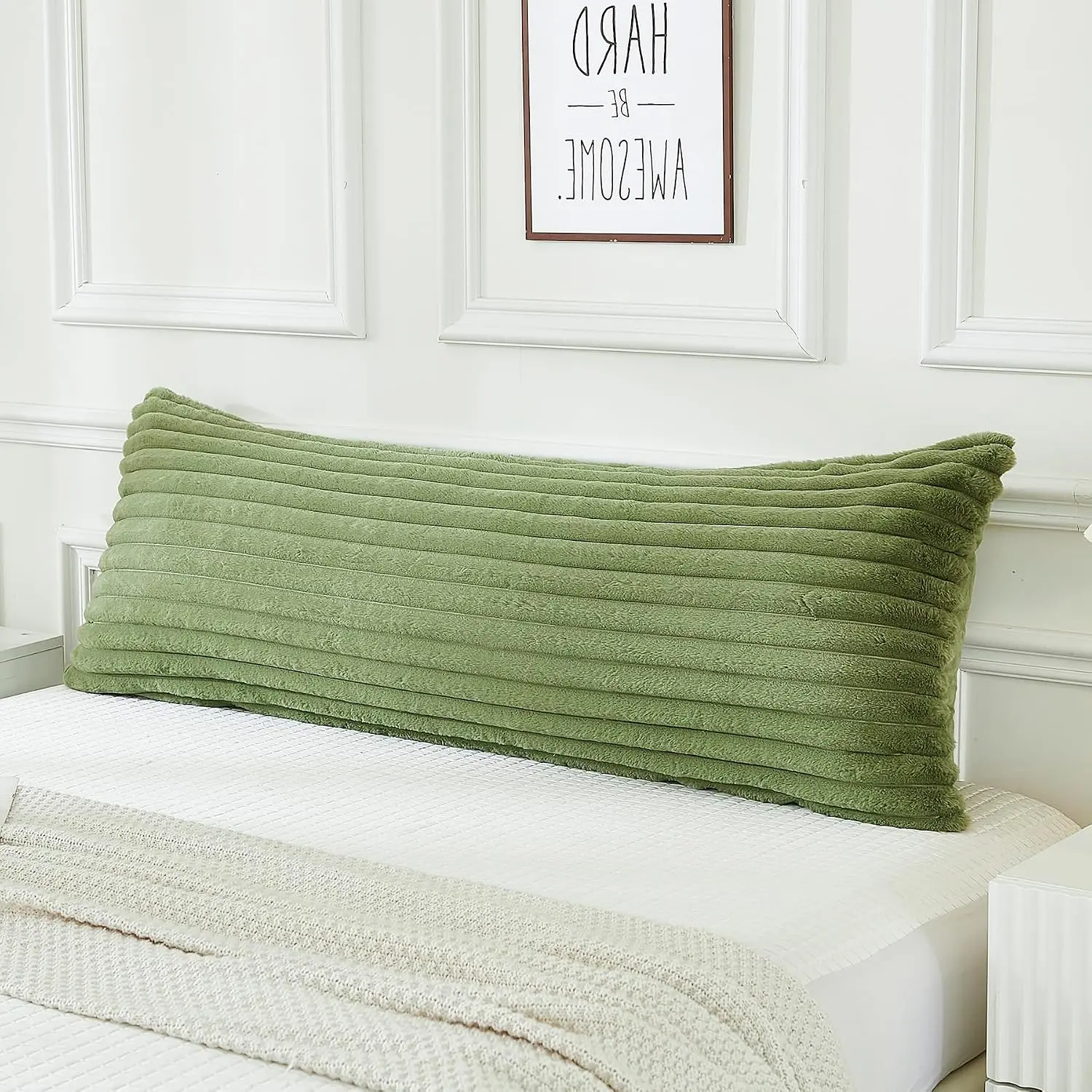 Faux    Pillow Cover Luxury Striped Plush Decorative  Pillowcase, Ultra Soft and Cozy Zipper Closure 21 x 54 Inches, Sage