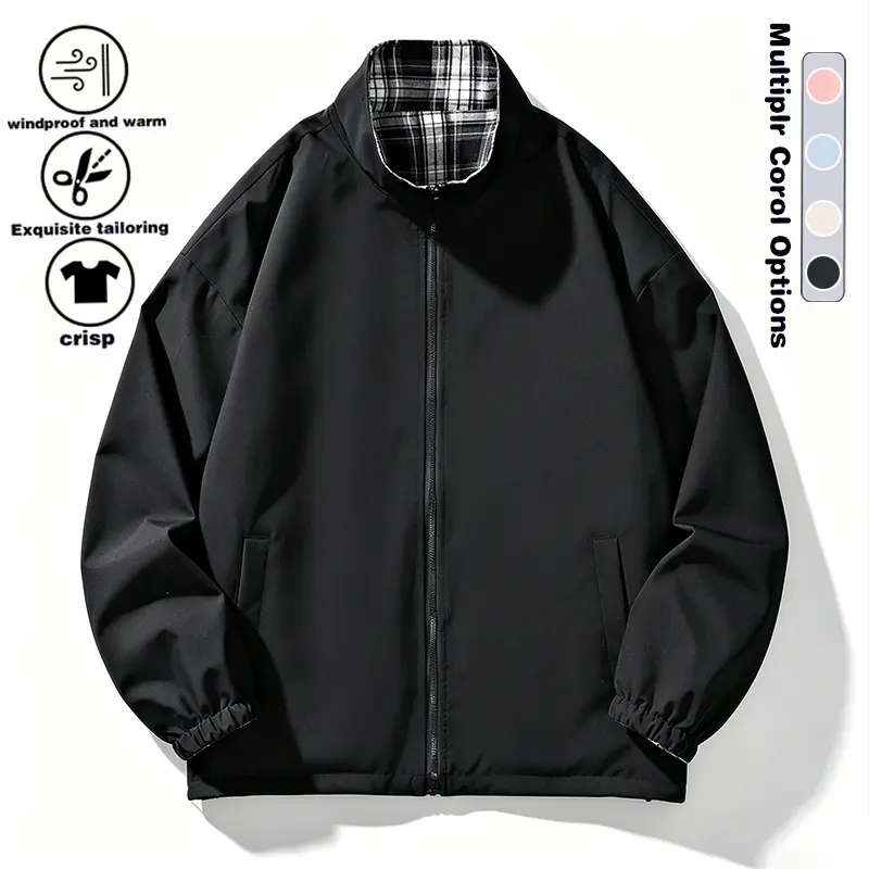 Reversible Stand Collar Jacket, Solid & Plaid Two Side Wear Casual Outer Coat, Trendy Loose Long Sleeve Outerwear for Spring Autumn