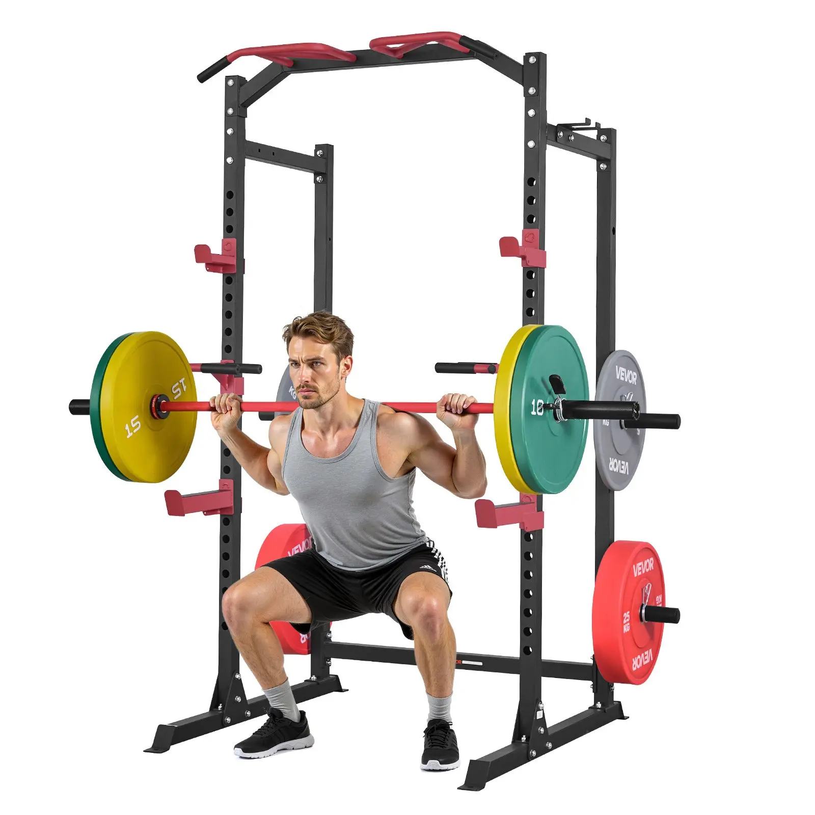 VEVOR Power Cage Power Rack, Multifunctional Barbell Squat Rack with Adjustable Height, Home Gym Strength Training Workout Equipment with J-Hooks More Fitness Attachment for Bench Press Pull-Up Dips
