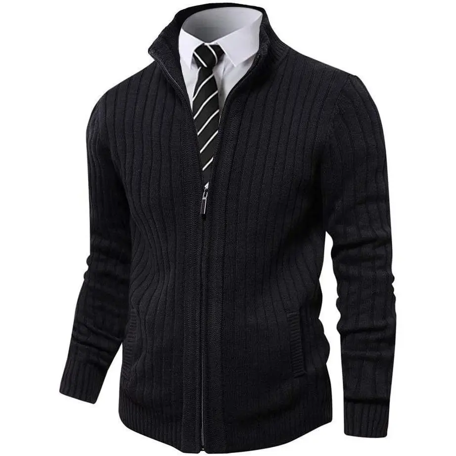 Men's Cardigan Sweaters Full Zip Up Stand Collar Slim Fit Casual Knitted Sweater with 2 Front Pockets