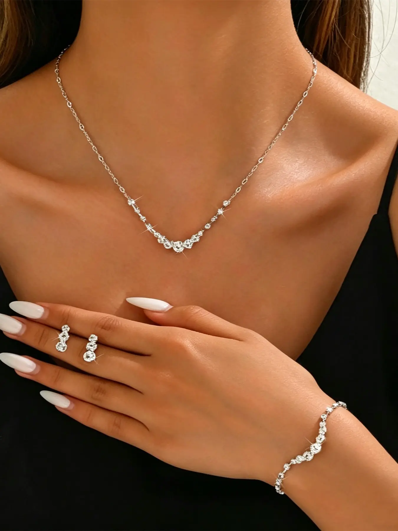 3Pcs Silver Rhinestone Jewelry Set for Women, Dainty Graduated Round Crystal Pendant Necklace Adjustable Bracelet Stud Earrings, Elegant Prom Wedding Gift