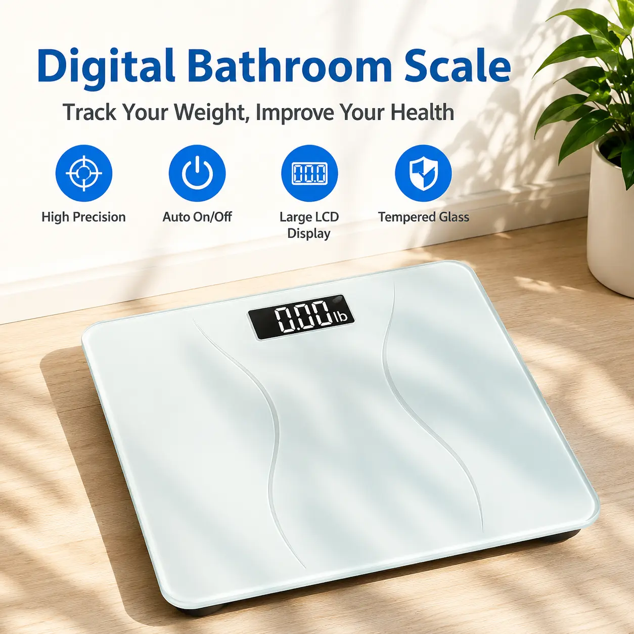 Digital Bathroom Scale for Body Weight, High Precision Step-On Weight Scale with Large LCD Display, Tempered Glass Platform, Auto On/Off, 11 x 11 in Compact Personal Weighing Scale for Home, Bathroom & Fitness