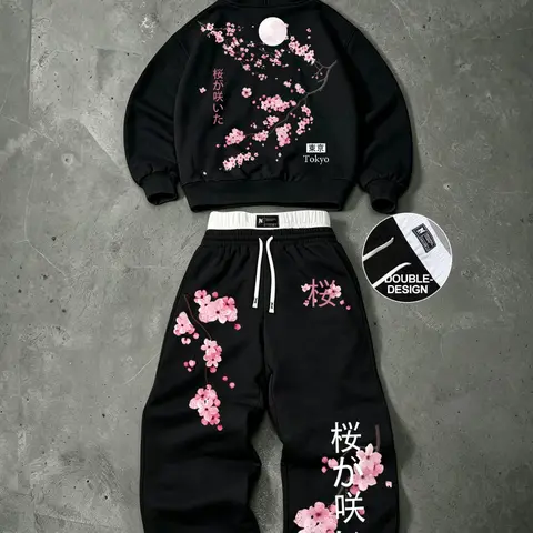 Cherry Blossom & Moon Graphic Pullover Hoodie and Sweatpants Set Double Waistband Casual Loose Fit Fall Tracksuit Matching Outfit Set