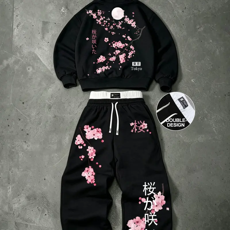 Cherry Blossom & Moon Graphic Pullover Hoodie and Sweatpants Set Double Waistband Casual Loose Fit Fall Tracksuit Matching Outfit Set