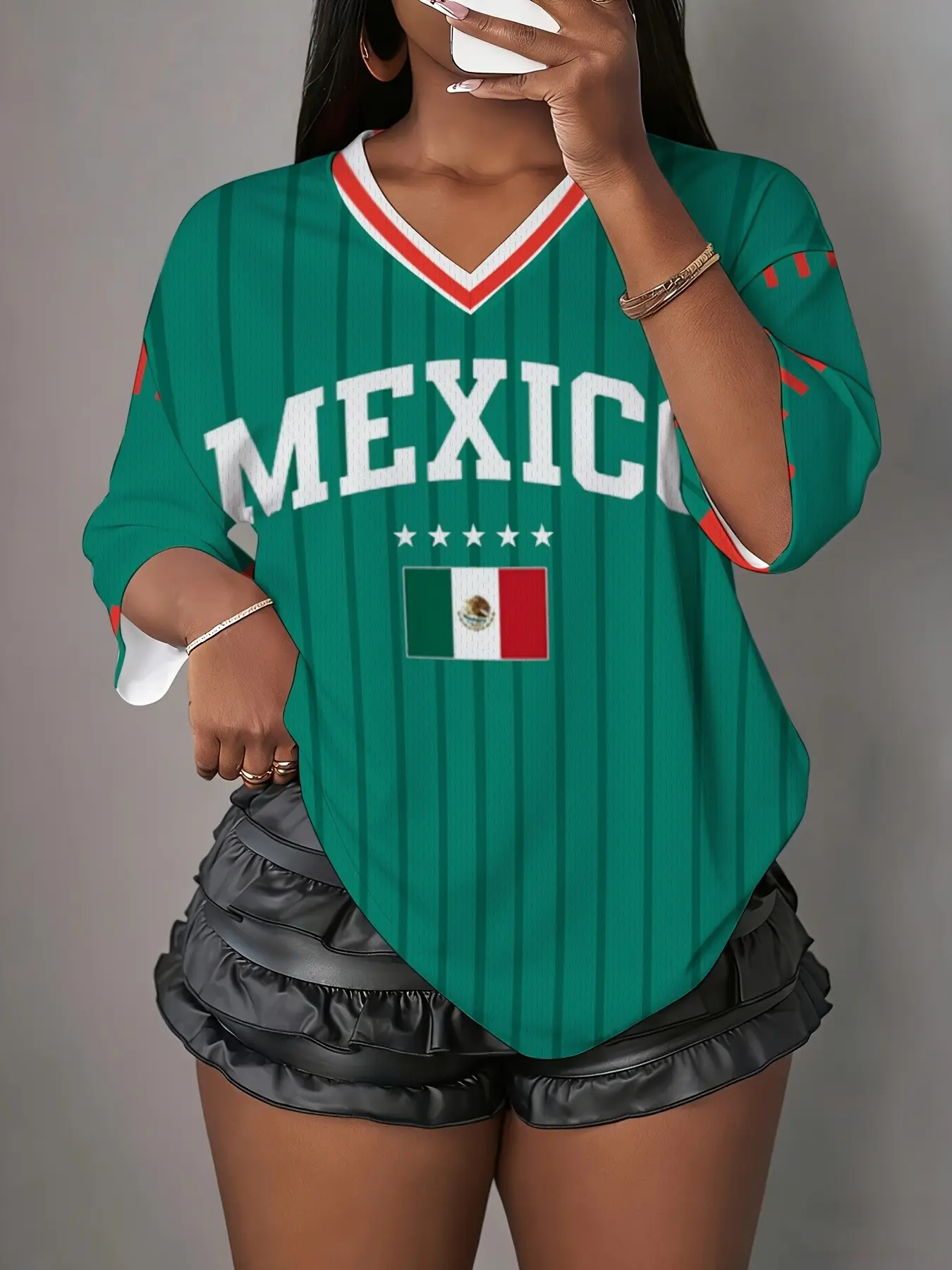 Y2K Retro Mexican Stripe Mesh Eye Tee, Bold Athletic Fashion Tee, Flag Print V-Neck Loose Sport T-Shirt, All Seasons Fitted Jersey Top Without Button