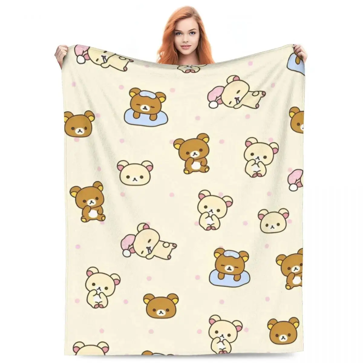 Rilakkuma Cartoon Flannel Throw Blankets, Warm Soft Cooling Blankets All Season Quince Bedding, Novelty Decor Blanket for Sofa Bed Cover Home Decor Airplane Travel, Cute Anime Themed Gift for Kawaii Cartoon Lovers