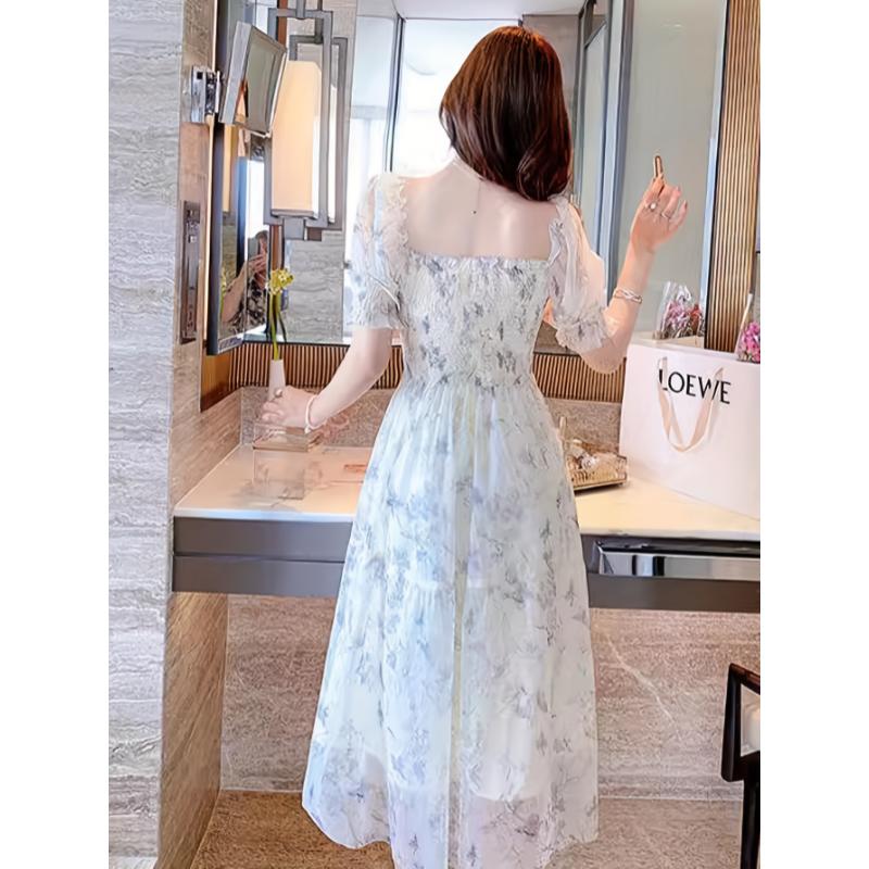 Women'S Mid Length Floral Dress With Fashionable Waist, Slim Square Collar, Cute Bubble Sleeves, High Waisted Skirt For Spring And Summer Women's Elegant Loose Midi Flowery Backless Mini white  dress  girl