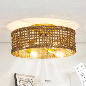 20" Boho Rattan Ceiling Fans with Lights, Remote Control, 20 Inch Low Profile Flush Mount Ceiling Fan with Light, Reversible 6 Speeds Adjustable, Handwoven, E26 Base, for Bedroom, Living Room Decor