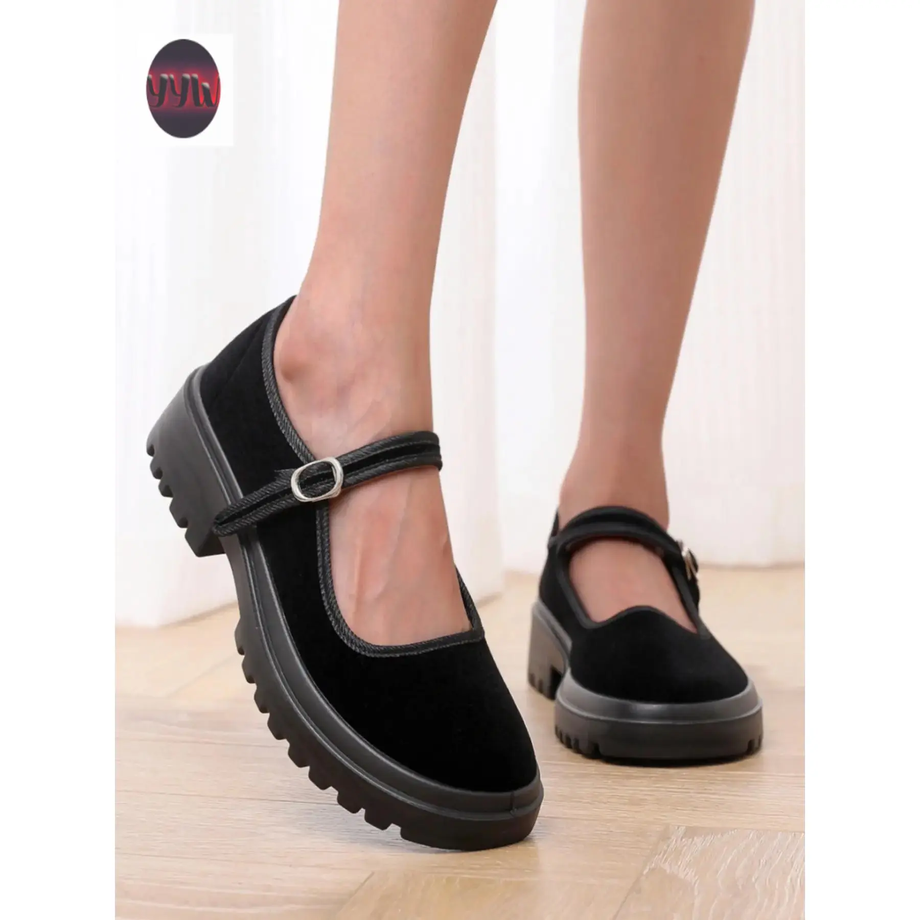 YYW1 Vintage Velvet Mary Shoes Women, Thick Sole Strap Low Top Single Shoe, Comfortable and Stylish Footwear, Casual Shoes, Mary Style