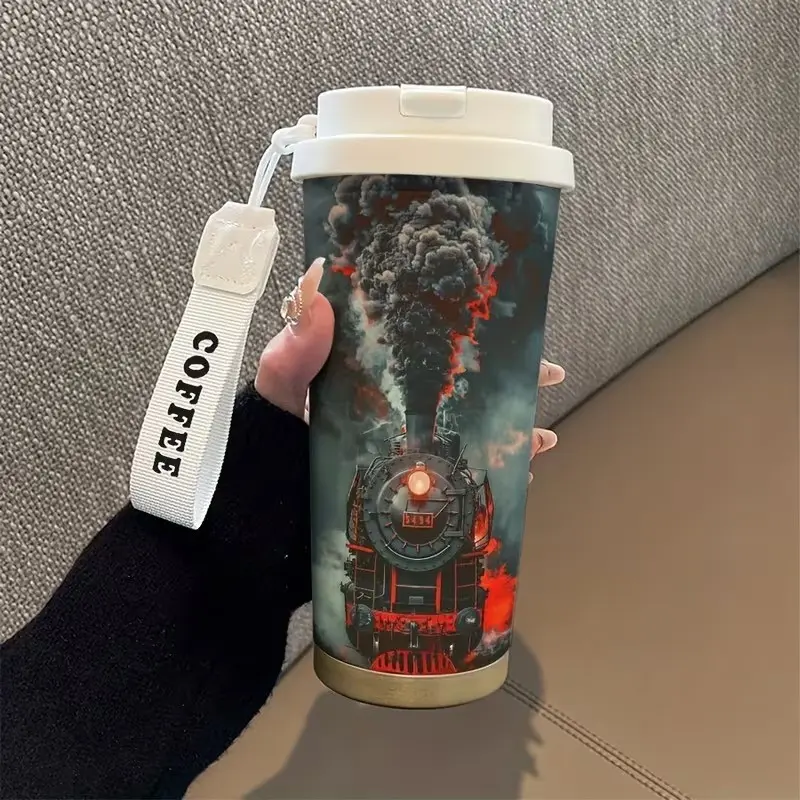 17.92oz Steam Train Pattern Insulated Cup, Fashionable Dual Drink Coffee Mug, Portable Stainless Steel Thermos, Office Home Fitness Essential