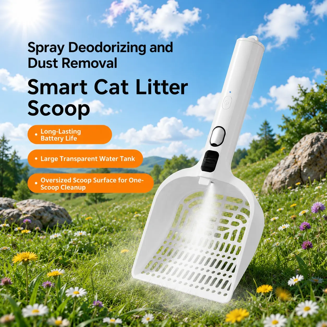 Smart Cat Litter Scoop, One-Button Spray, Odor Control and Dust Reduction, USB Rechargeable, Large Scooping Surface, Pet Waste Tool