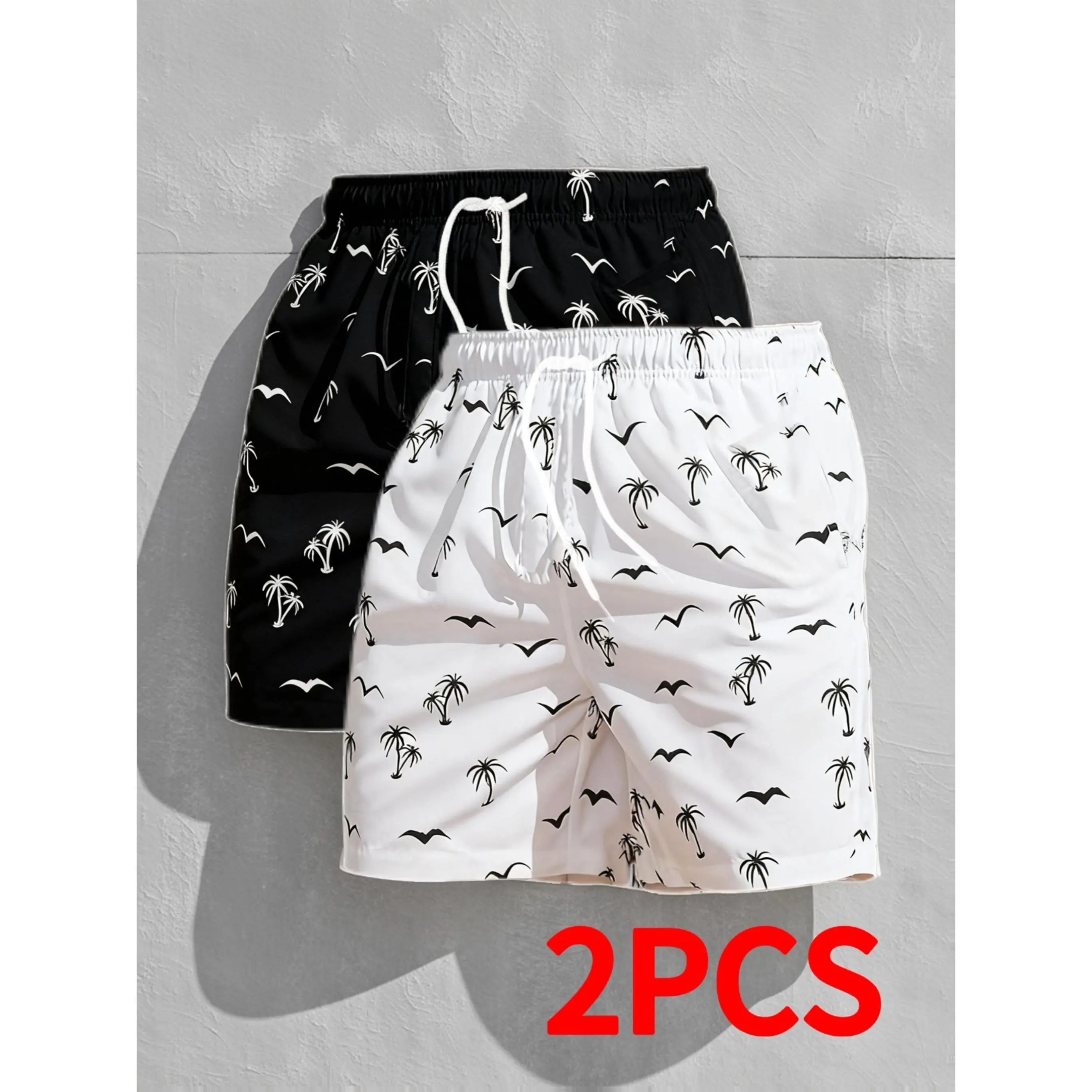 2pcs Set, Bermuda Men's Shorts with Botanical Print, Comfortable Quick-dry Shorts, Breathable Outdoor Beach Vacation Surfing Shorts, Ultra-lightweight Breathable Casual Home Beach Pants