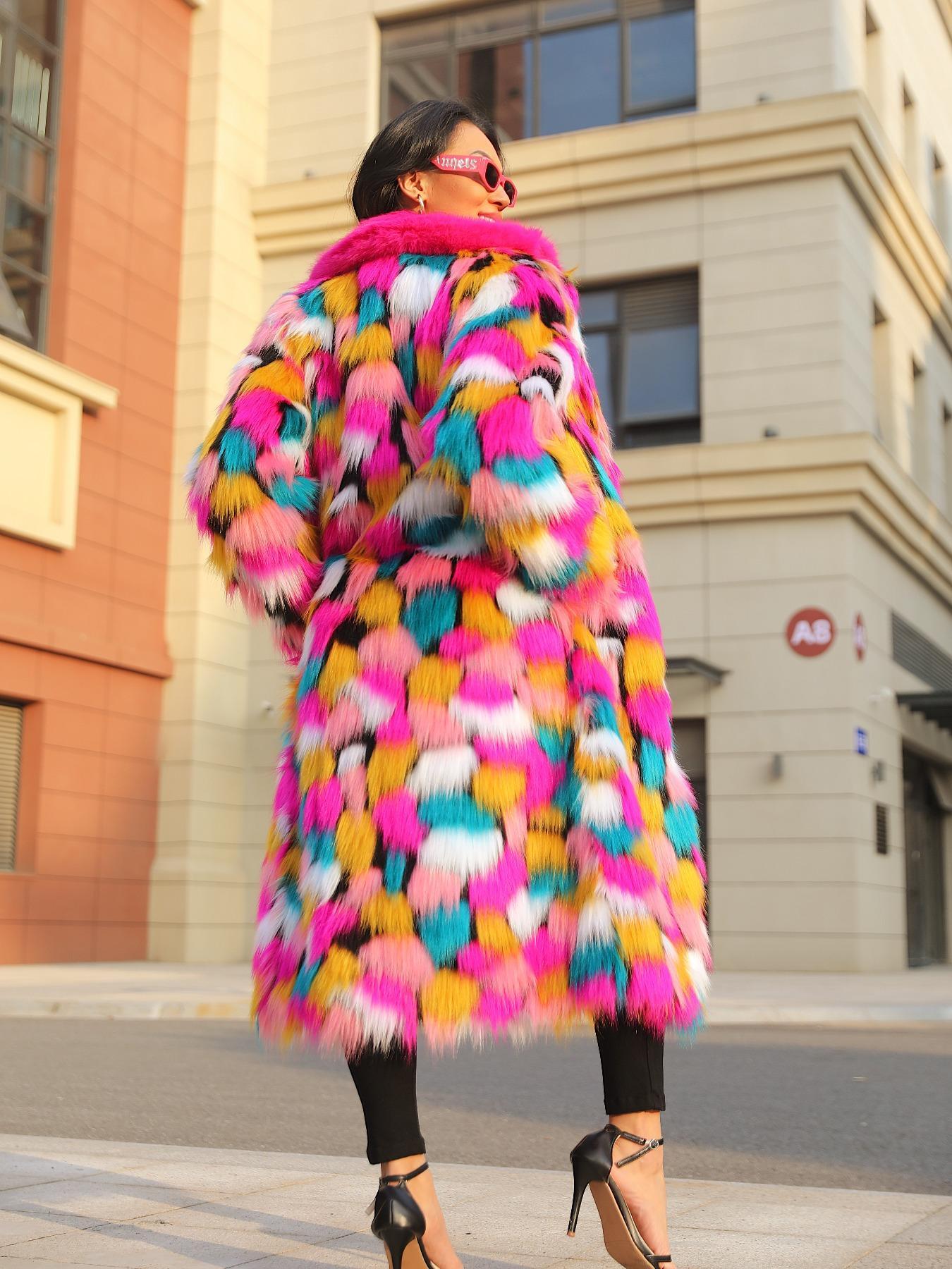 Women's Colorblock Faux Fur Jackets, Street Fashion Long Sleeve Fitted Coat for Daily Outdoor Wear, Women's Clothing for Fall & Winter, Fashion Outerwear