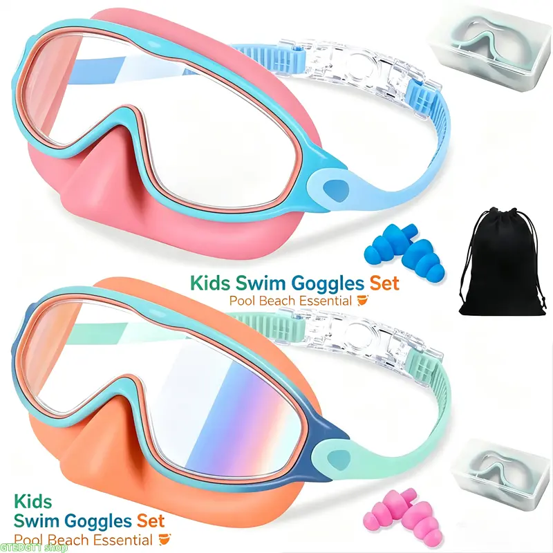 Kids' 2-Piece Swimming Goggles Set - Includes Nose Clip, Earplugs, Anti-Fog Lens, Wide-Angle View - Pool Gear for Boys & Girls Ages 3-12, Goggles For Swimming, Two-Pieces homedecor