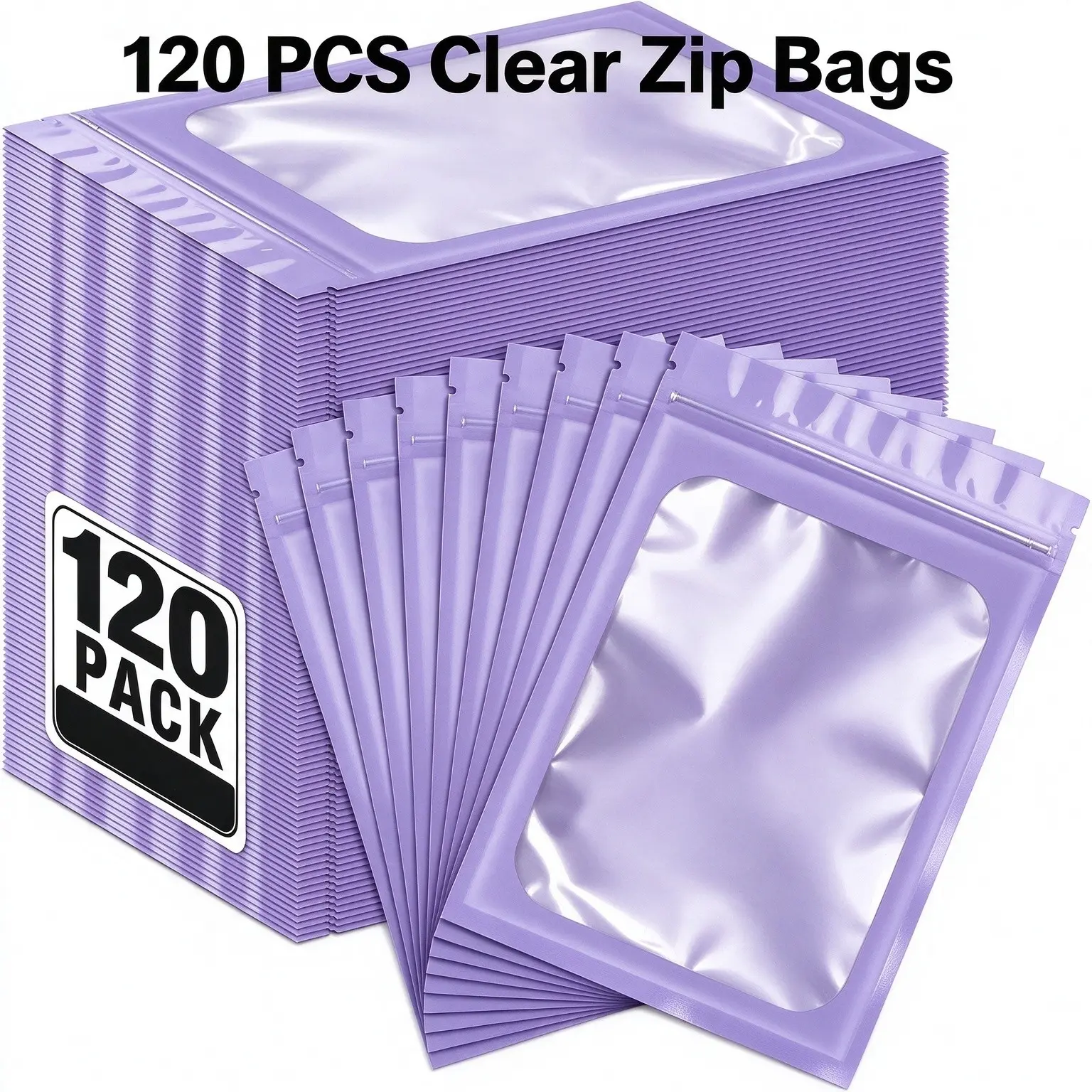 Purple Mylar Ziplock Bags with Clear Window & Hang Hole, 2 Sizes, 120Pcs Resealable Packaging Pouches, Perfect for Small Business, Jewelry, Candy Treats & Party Favors