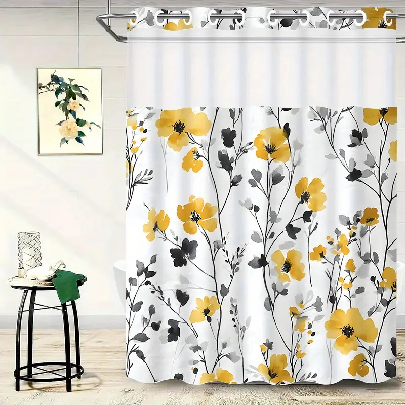 Hookless shower curtain set with buckle lining, flower-themed home furnishing hotel with transparent double-layer watercolor window shower curtain, Floral Shower Curtains For Bathroom, the perfect gift for relatives and friends!