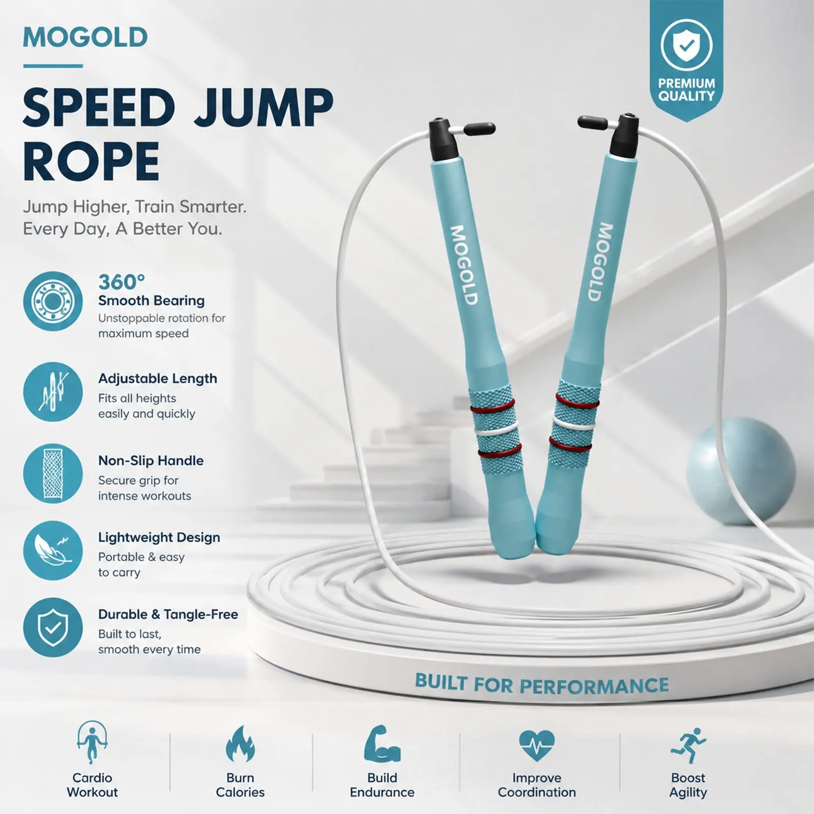 Mogold Bearing Jump Rope, Fitness Skipping Rope, Smooth and Durable, Indoor Fitness Workout, High-Speed Bearings, Ideal for Home Exercise