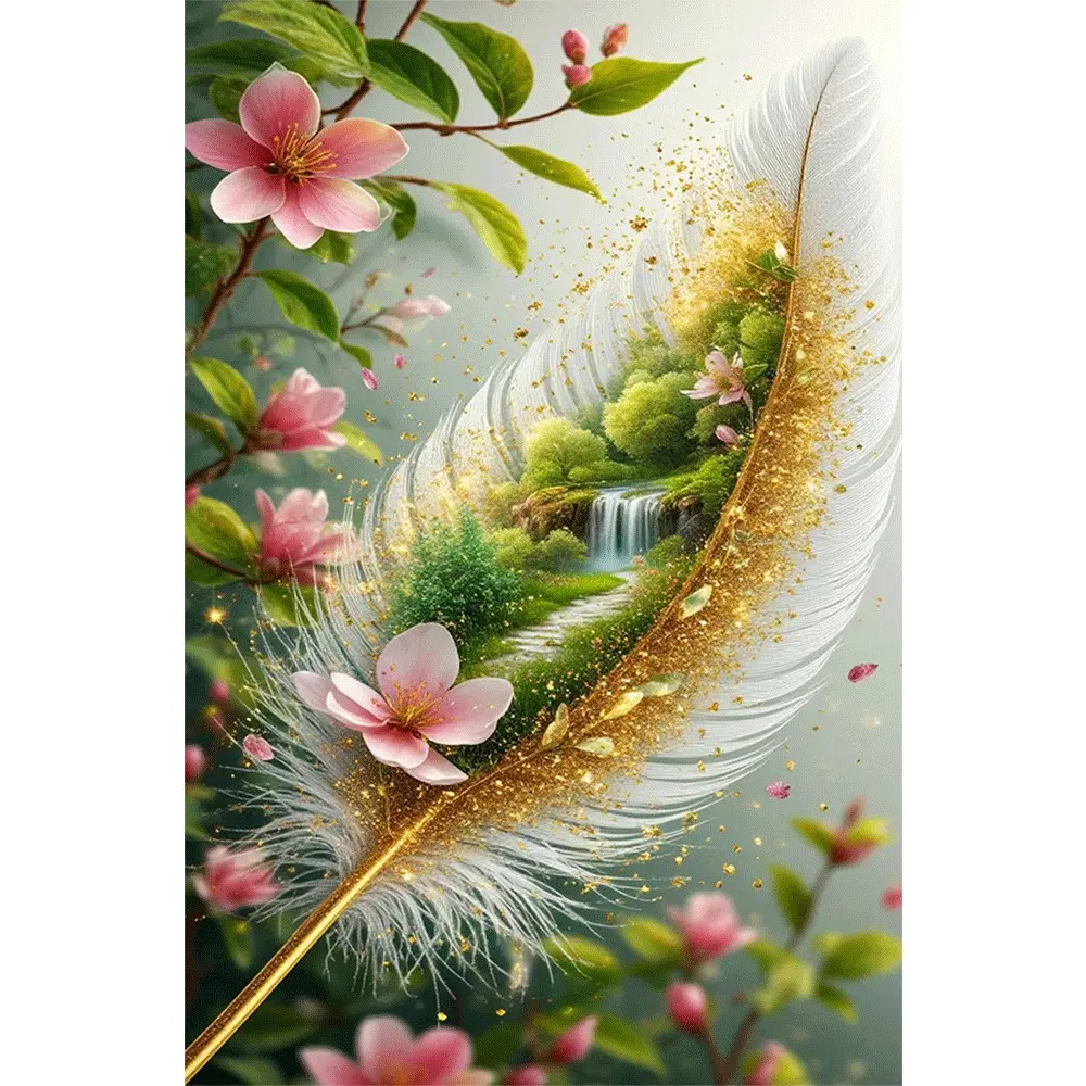 2d flat painting 5D DIY Diamond Painting Kit with Round Diamonds Including Tools, Sparkling Feather and Waterfall Design, Perfect for Home Wall Decor, Living Room Art, Creative Craft Gift for Adults and Kids