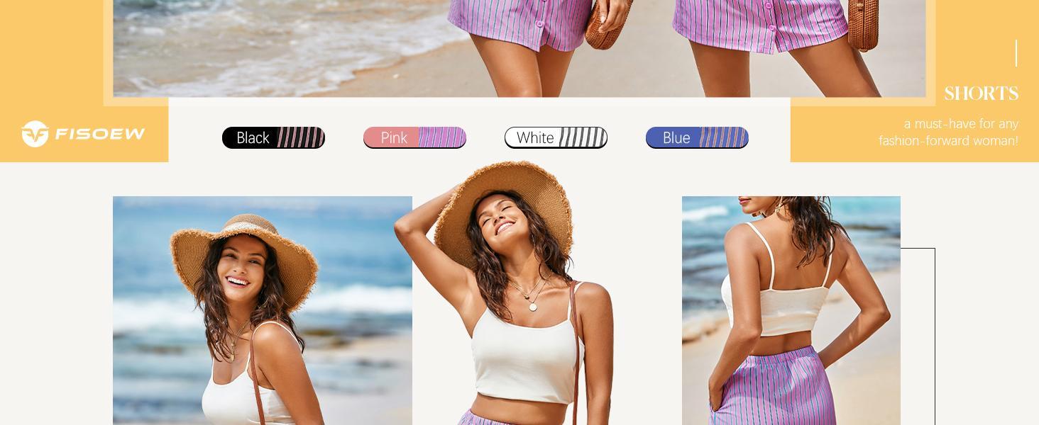 FMEYOA Womens Summer Striped Mini Skirts Casual Drawstring Elastic Waist Button Cute Y2K Skorts Shorts