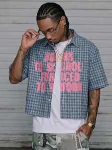 Men’s Blue Black Plaid Cropped Short Sleeve Collared Button Up Shirt, Front Distressed Hot Pink Bold Block Slogan Letter Print, Loose Boxy Y2K Hip Hop Street Casual Blouse, Suitable For Retro Urban Matching Daily Inner Layering And Summer Trendy Outfits