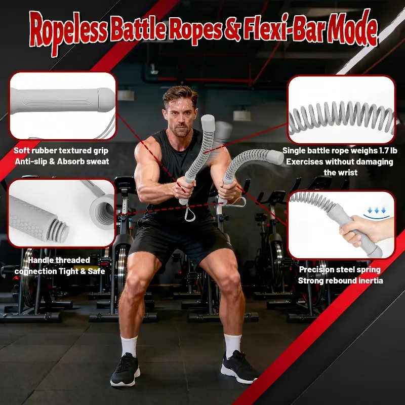 2PCS Cordless Battle Rope Set with Weighted Spring Handles, Heavy Duty Resistance Trainer for HIIT, Strength Training & Full Body Workout, Quiet Space-Saving Fitness Equipment for Home Gym & Apartment