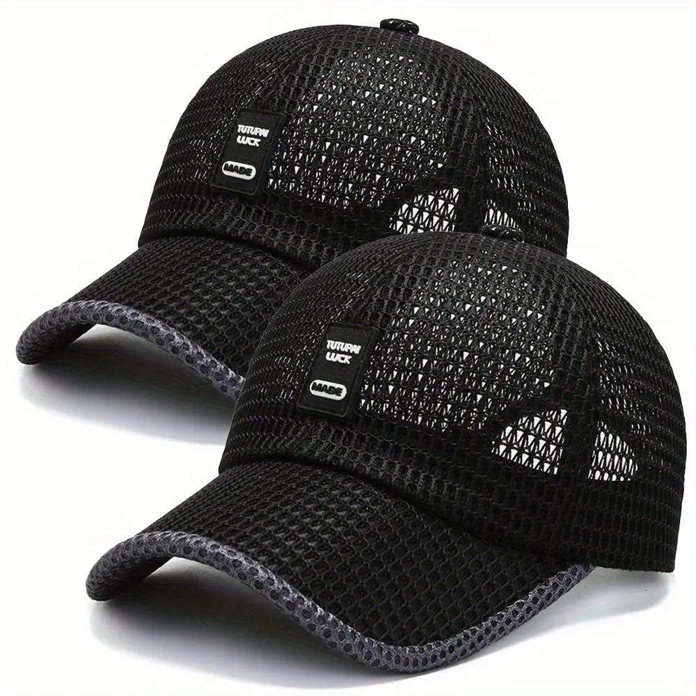 2pcs Quick-Dry Polyester Baseball Caps - Breathable Mesh Adjustable Unisex Summer Sun Hats with Black & Gray Textured Design for Outdoor Sports & Casual Wear, Breathable Mesh Construction