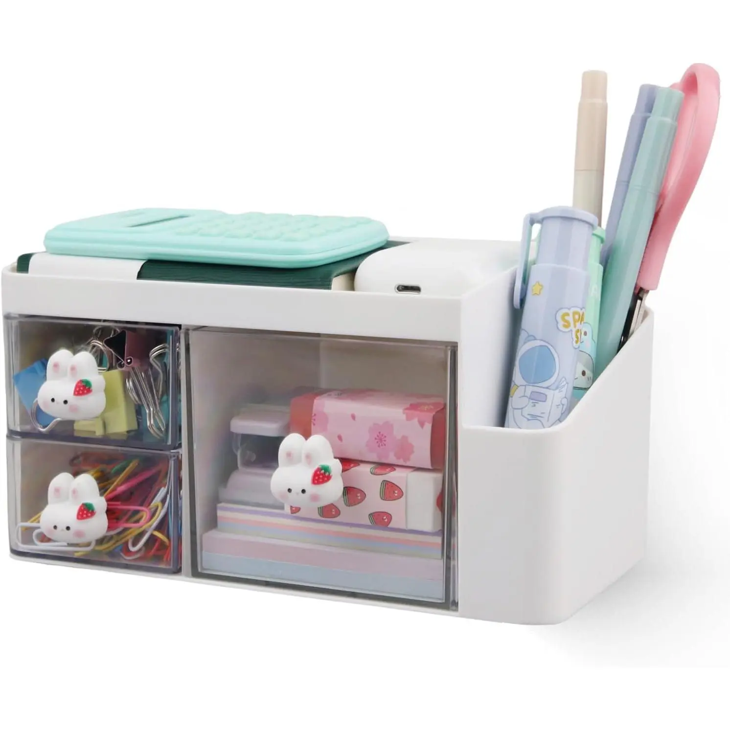 Desk Organizer with Pencil Holder and 3 Drawers, Desk Accessories Holder for Desk, Desktop Stationery Organizer for Office  School Dressing Table( Handle)