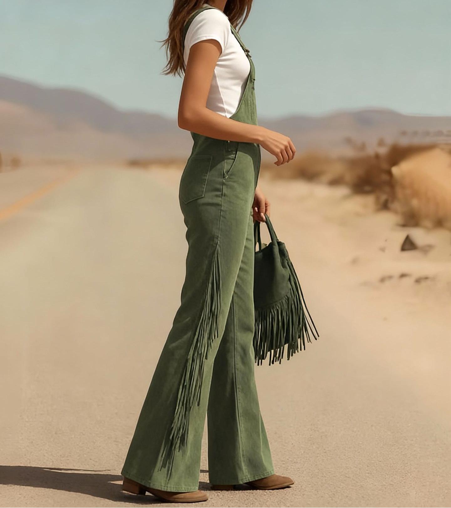 Women's Retro Faux Suede Fringe Wide-Leg Cargo Pants