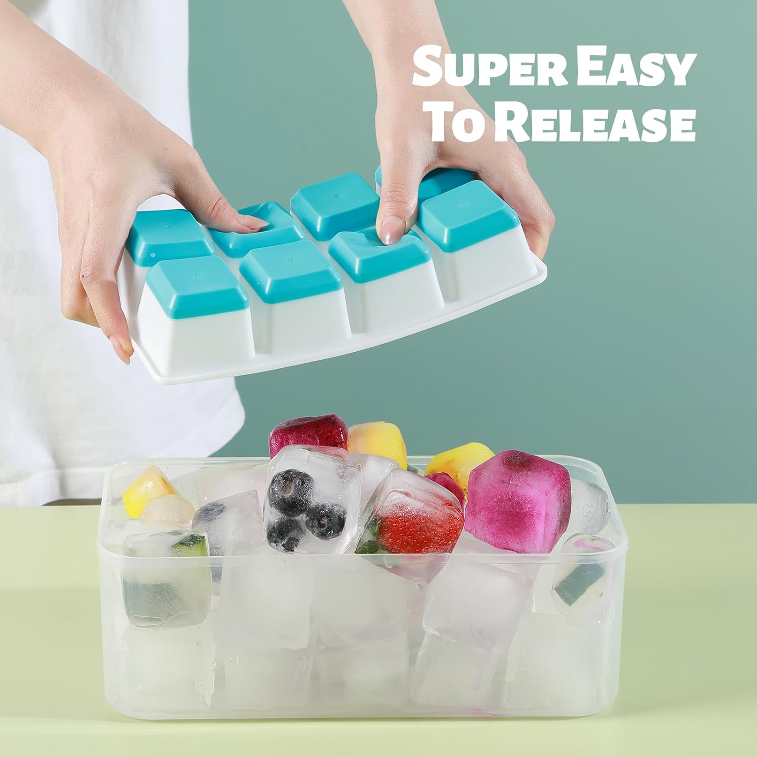 Large Ice Cube Trays with Lid,  2 Pack Stackable  Ice Cube Molds for Freezer, Easy Release 16 Big Square Ice Trays for   (Blue)